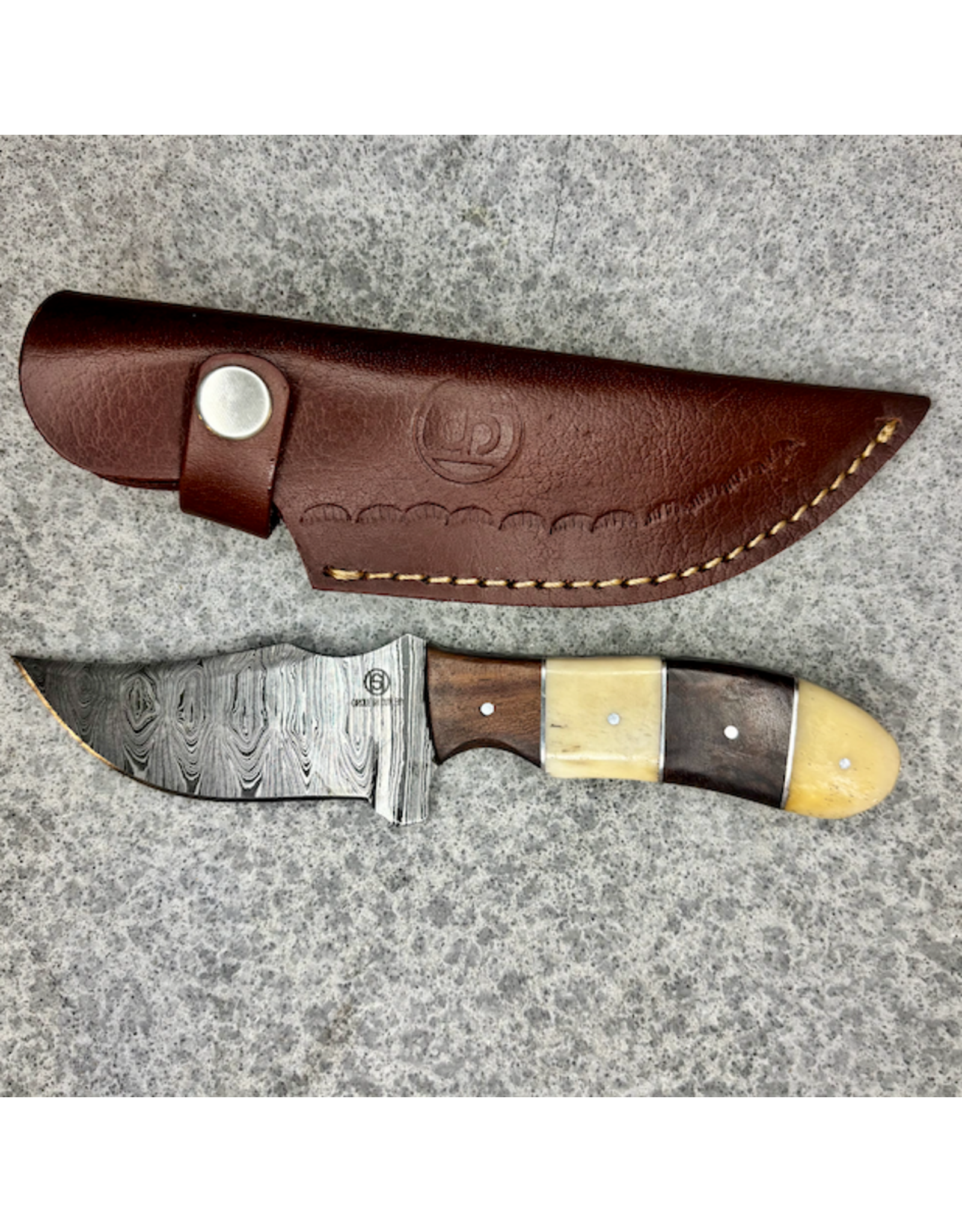 CIRCLE SH DAMASCUS KNIFE, WOOD & BONE GRIP 8 1/2"