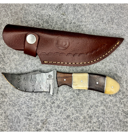 CIRCLE SH DAMASCUS KNIFE, WOOD & BONE GRIP 8 1/2"