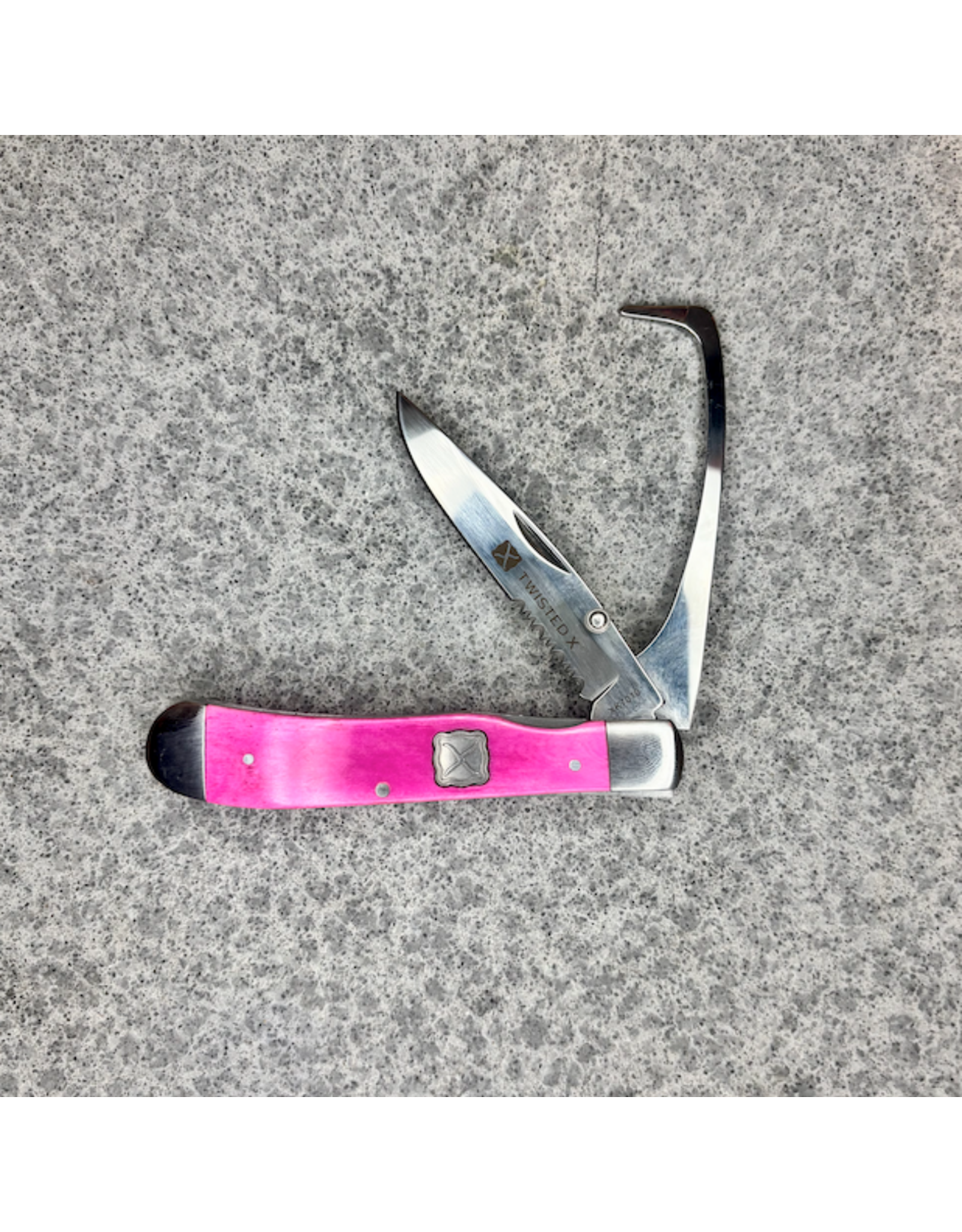 TWISTED X KNIFE 4 1/4" CLOSED, HOOF PICK, SERRATED PINK