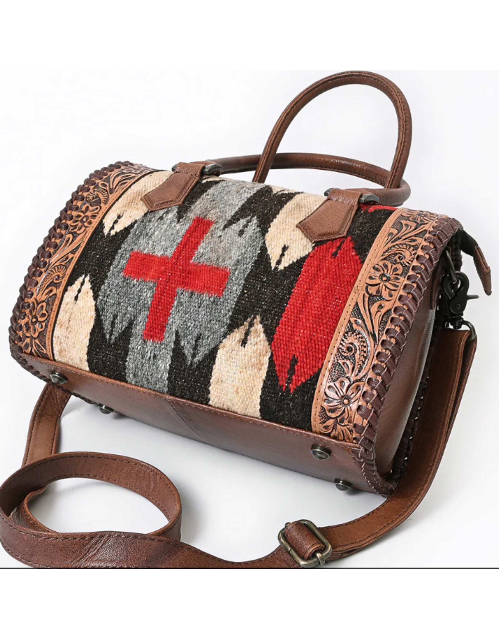 AMERICAN DARLING LEATHER TOTE BAG FLORAL TOOLED WITH SADDLE BLANKET