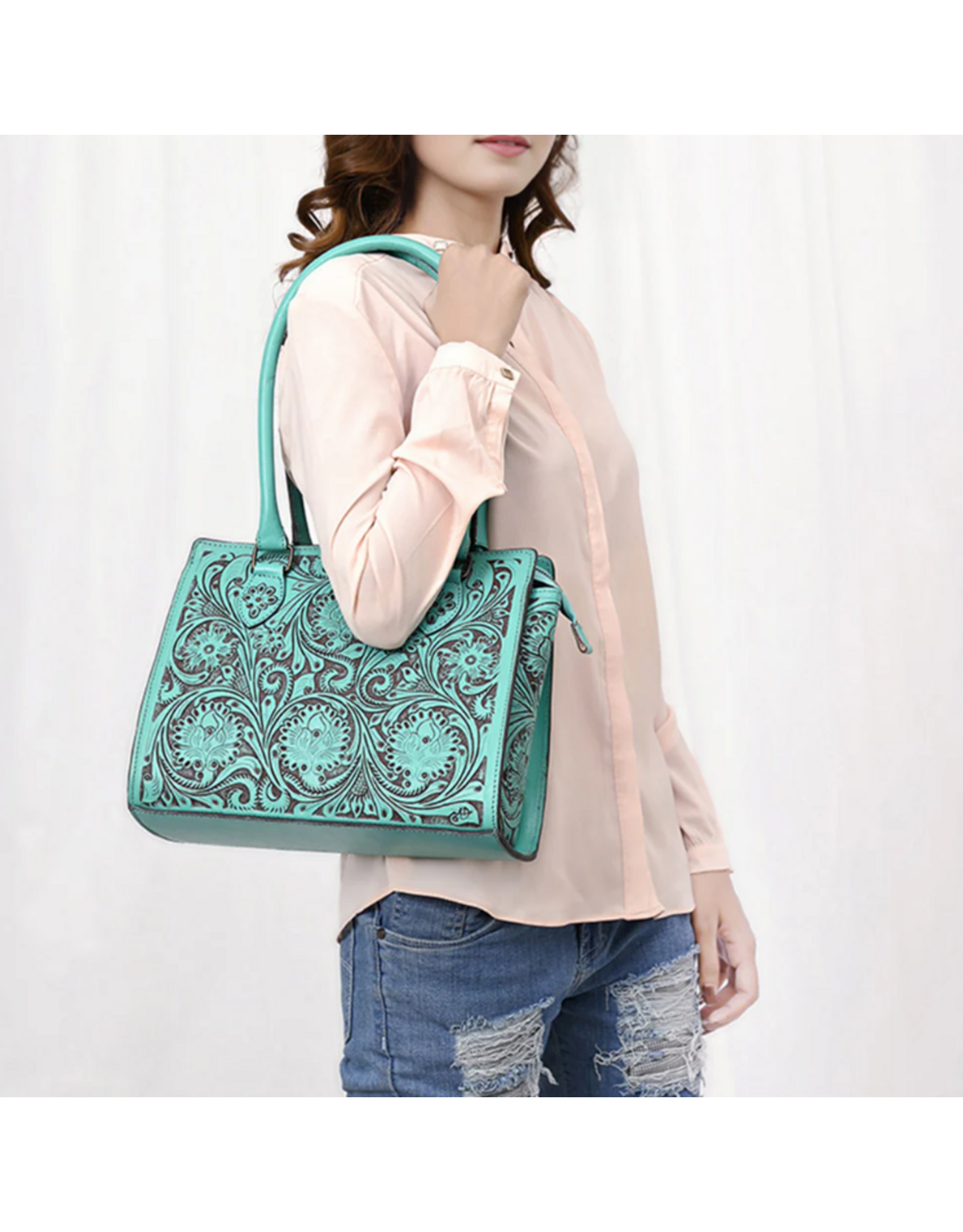 AMERICAN DARLING PURSE LEATHER TURQUOISE TOOLED TOTE