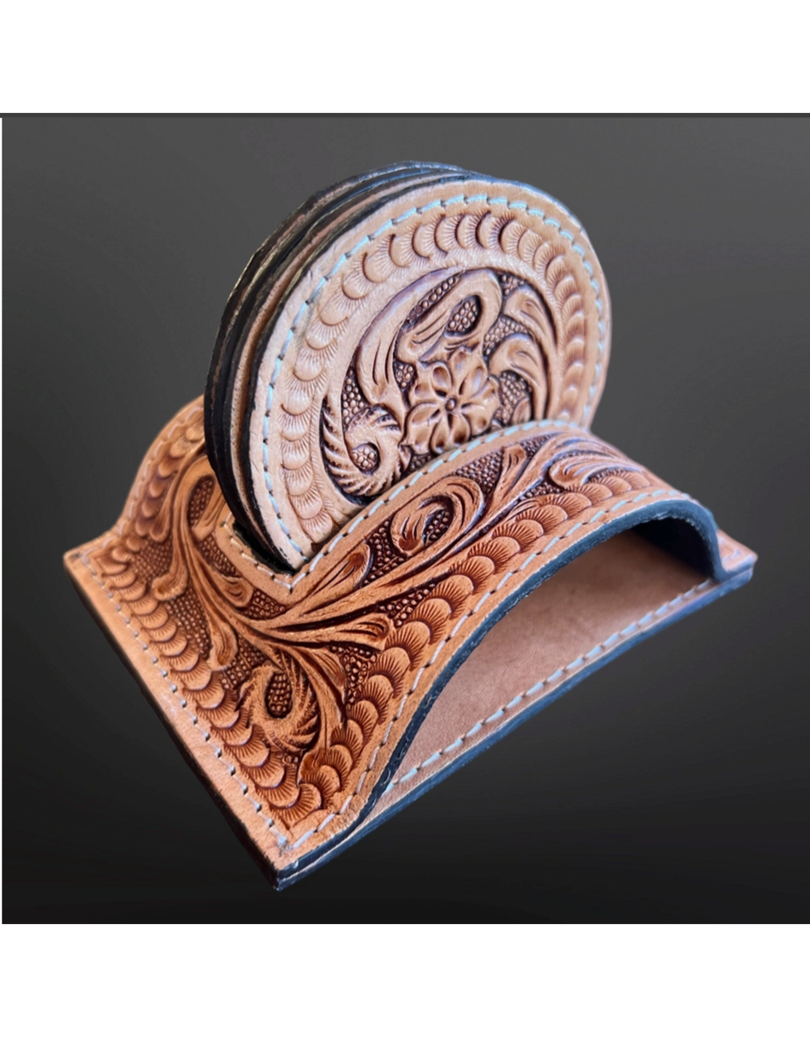 TOOLED LEATHER COASTERS WITH STAND
