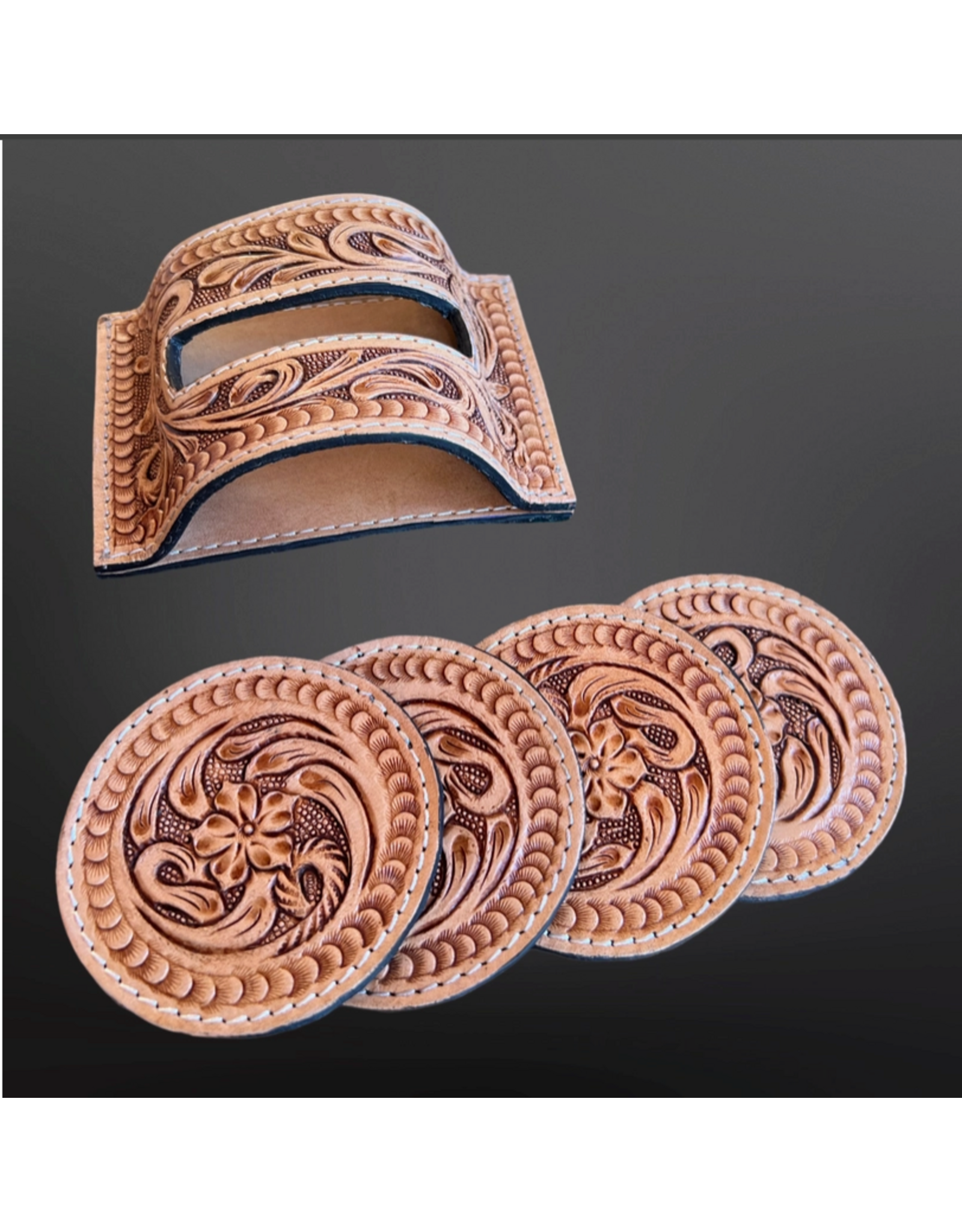 TOOLED LEATHER COASTERS WITH STAND