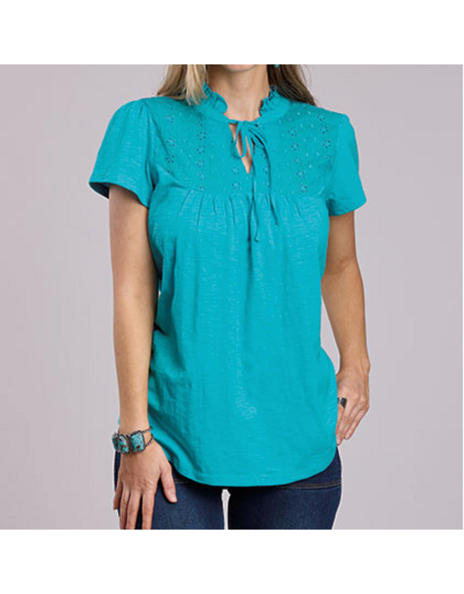 ROPER SHIRT WMS BLOUSE S/S BLUE JERSEY SLUB TIE