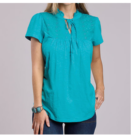 ROPER SHIRT WMS BLOUSE S/S BLUE JERSEY SLUB TIE