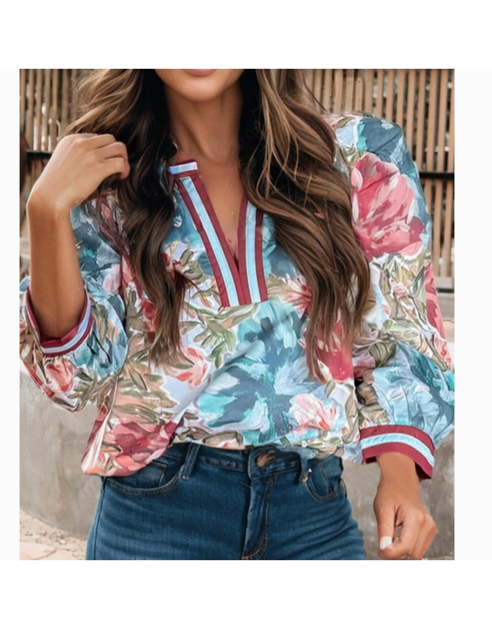 SHIRT WOMENS FLORAL WITH CONTRAST TRIM