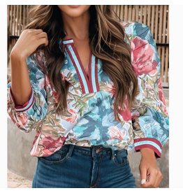 SHIRT WOMENS FLORAL WITH CONTRAST TRIM