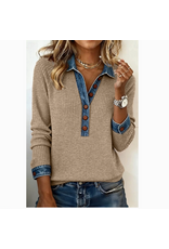 SHIRT WOMENS RIB KNIT TAN DENIM COLLAR