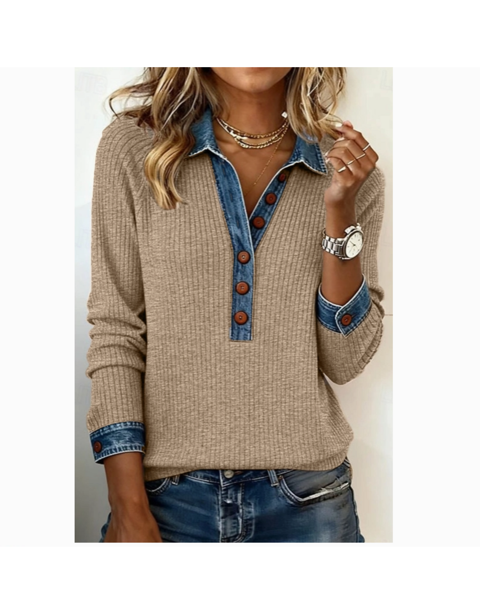 SHIRT WOMENS RIB KNIT TAN DENIM COLLAR
