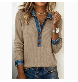 SHIRT WOMENS RIB KNIT TAN DENIM COLLAR