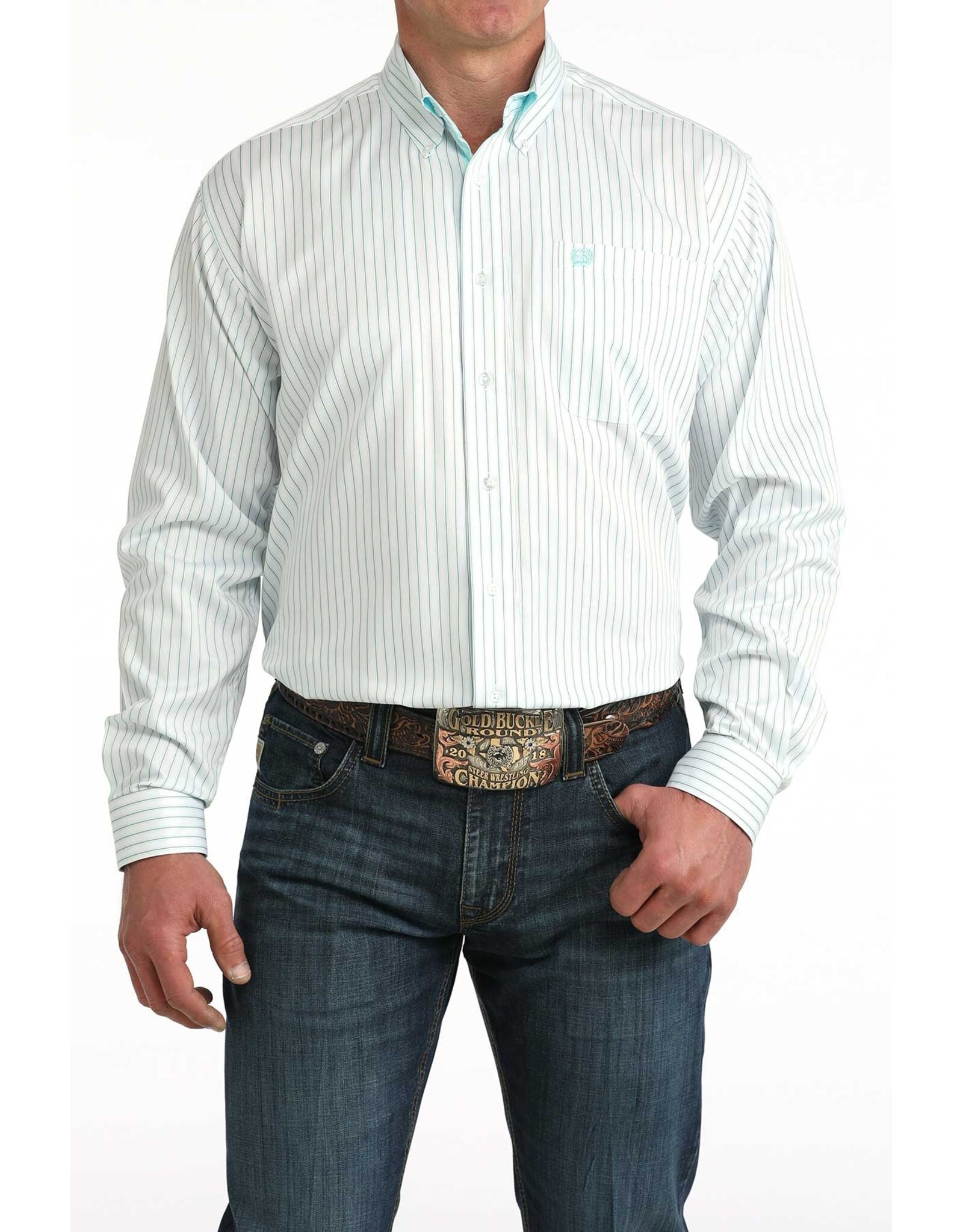 SHIRT MNS CINCH BU WHITE WITH BLUE STRIPES