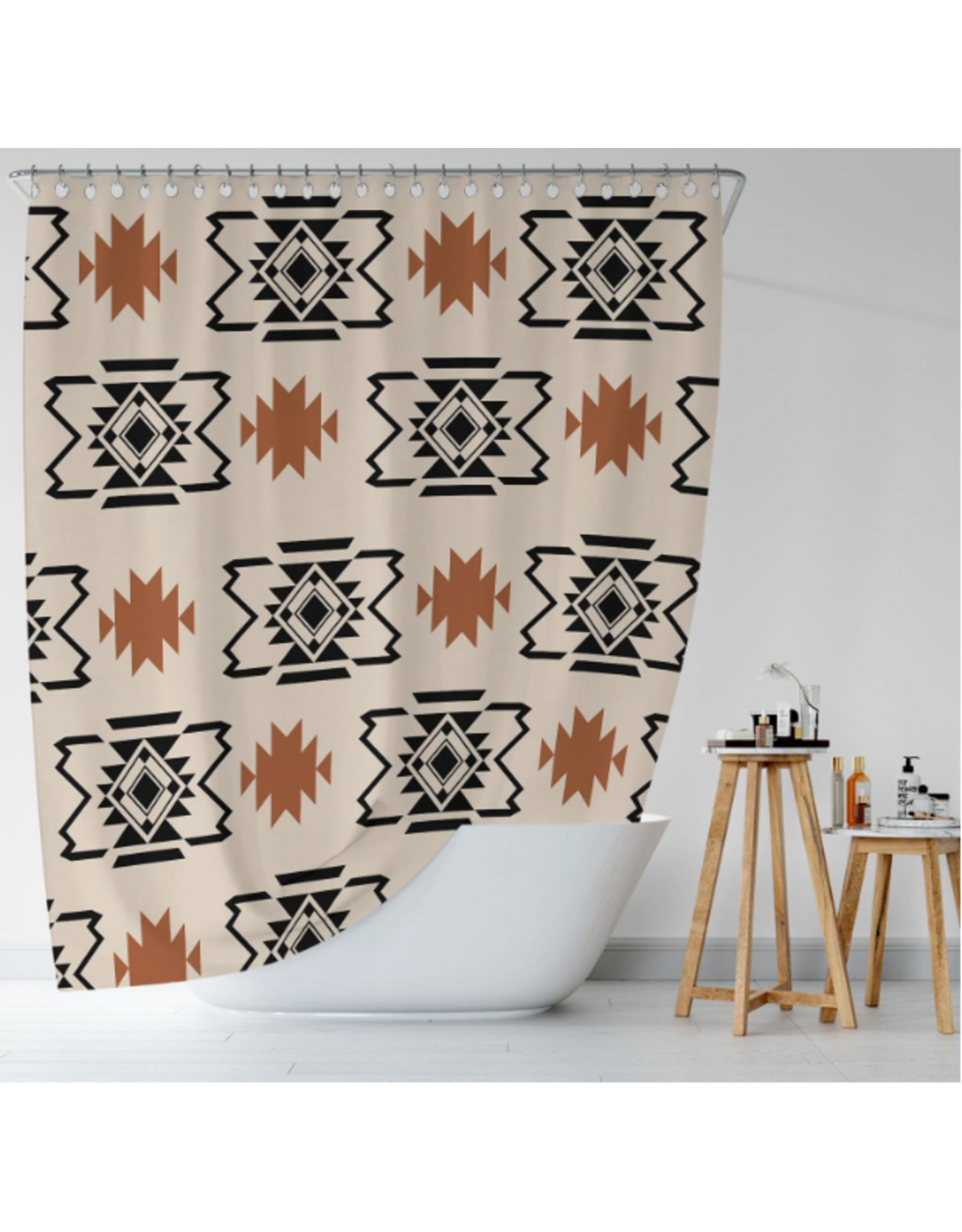 BOHO WESTERN SHOWER CURTAIN ORANGE BLACK WHITE AZTEC