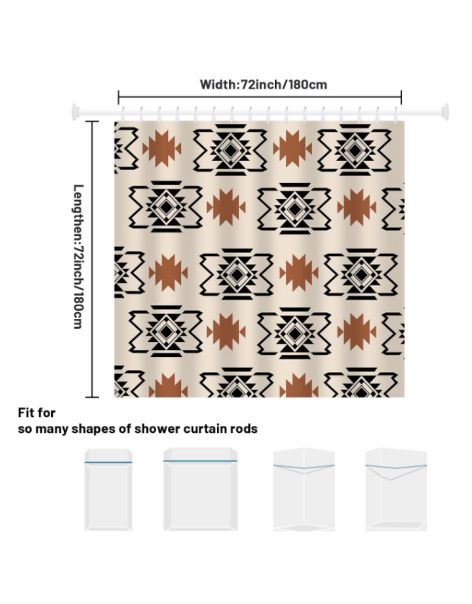 BOHO WESTERN SHOWER CURTAIN ORANGE BLACK WHITE AZTEC