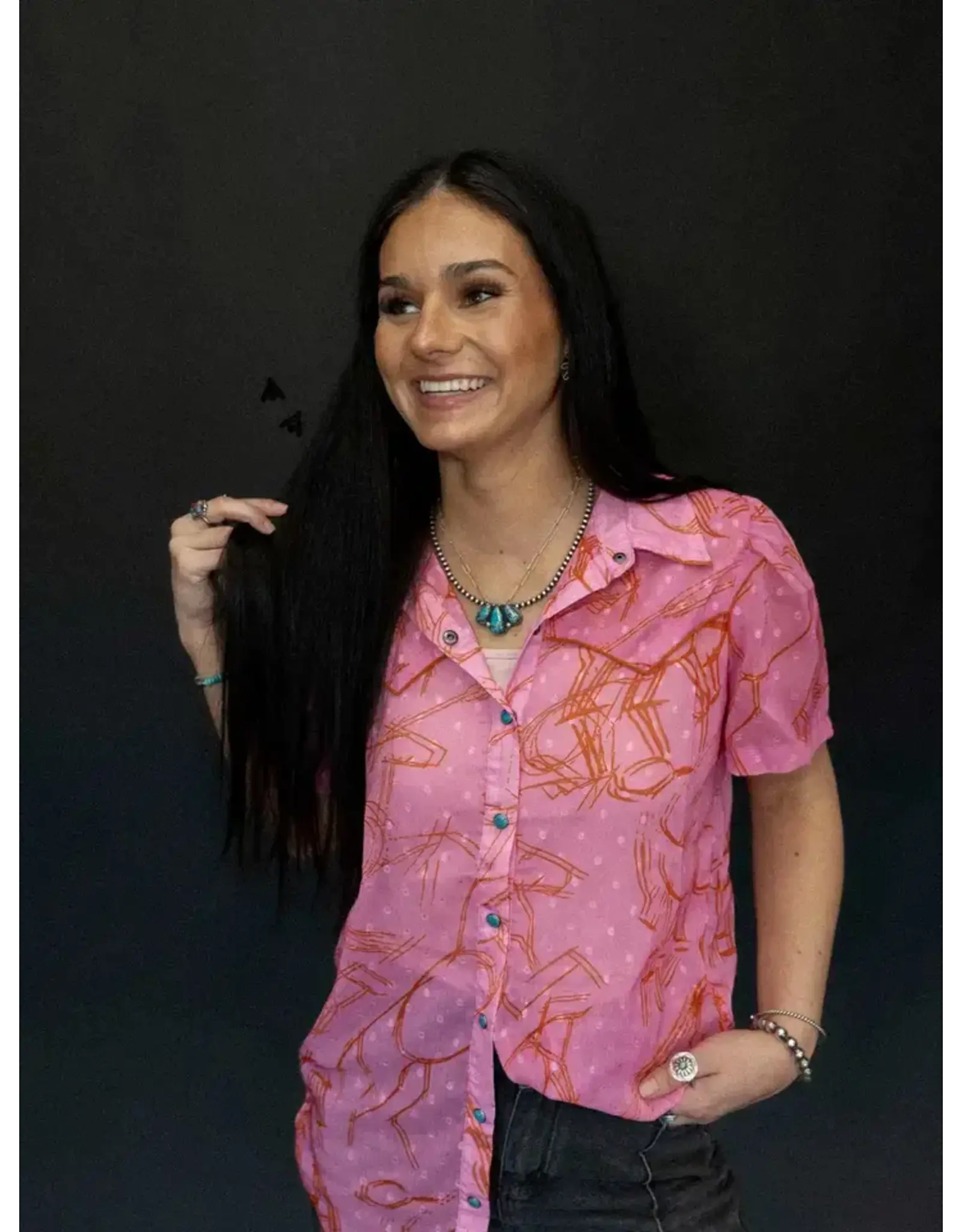 SHIRT WMS PINK SHEER WITH ORANGE DRAWING