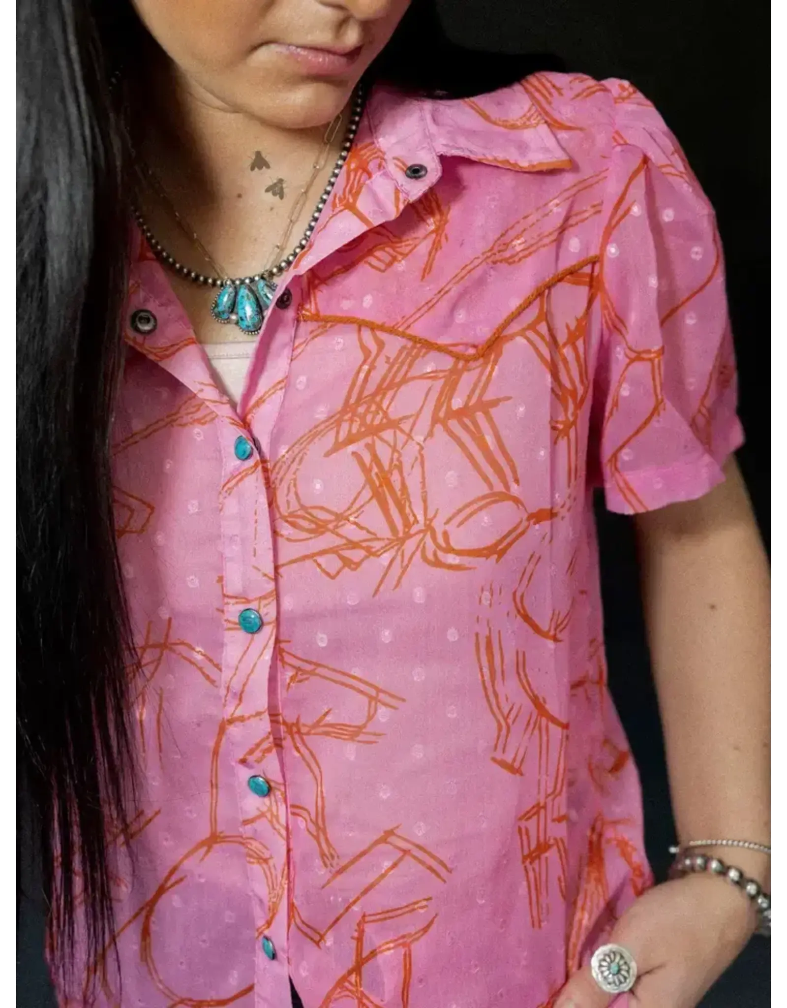 SHIRT WMS PINK SHEER WITH ORANGE DRAWING