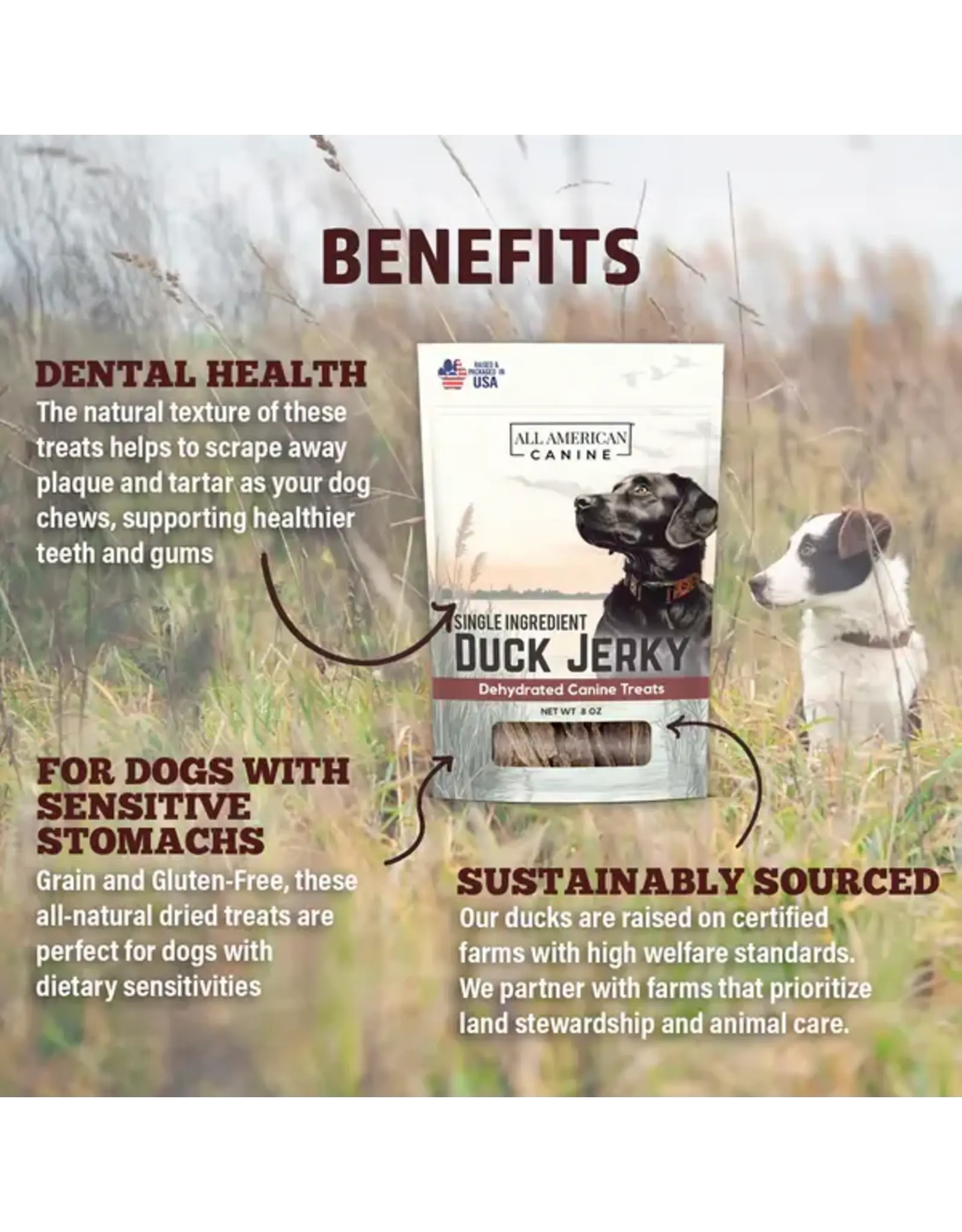 DOG TREATS DUCK JERKY ALL AMERICAN CANINE 8 OZ