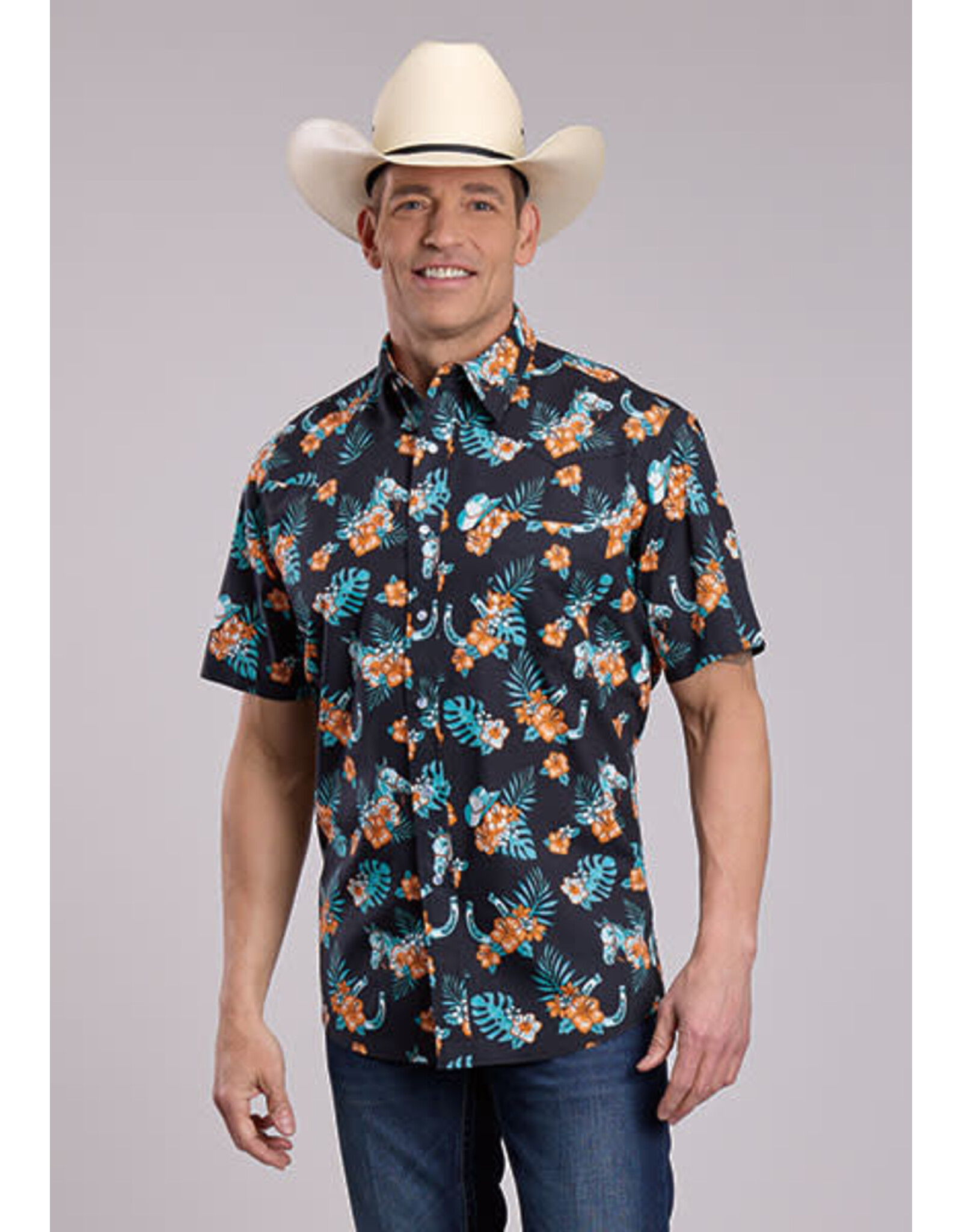 SHIRT MNS ROPER SS HAWAIIAN PRINT BLACK