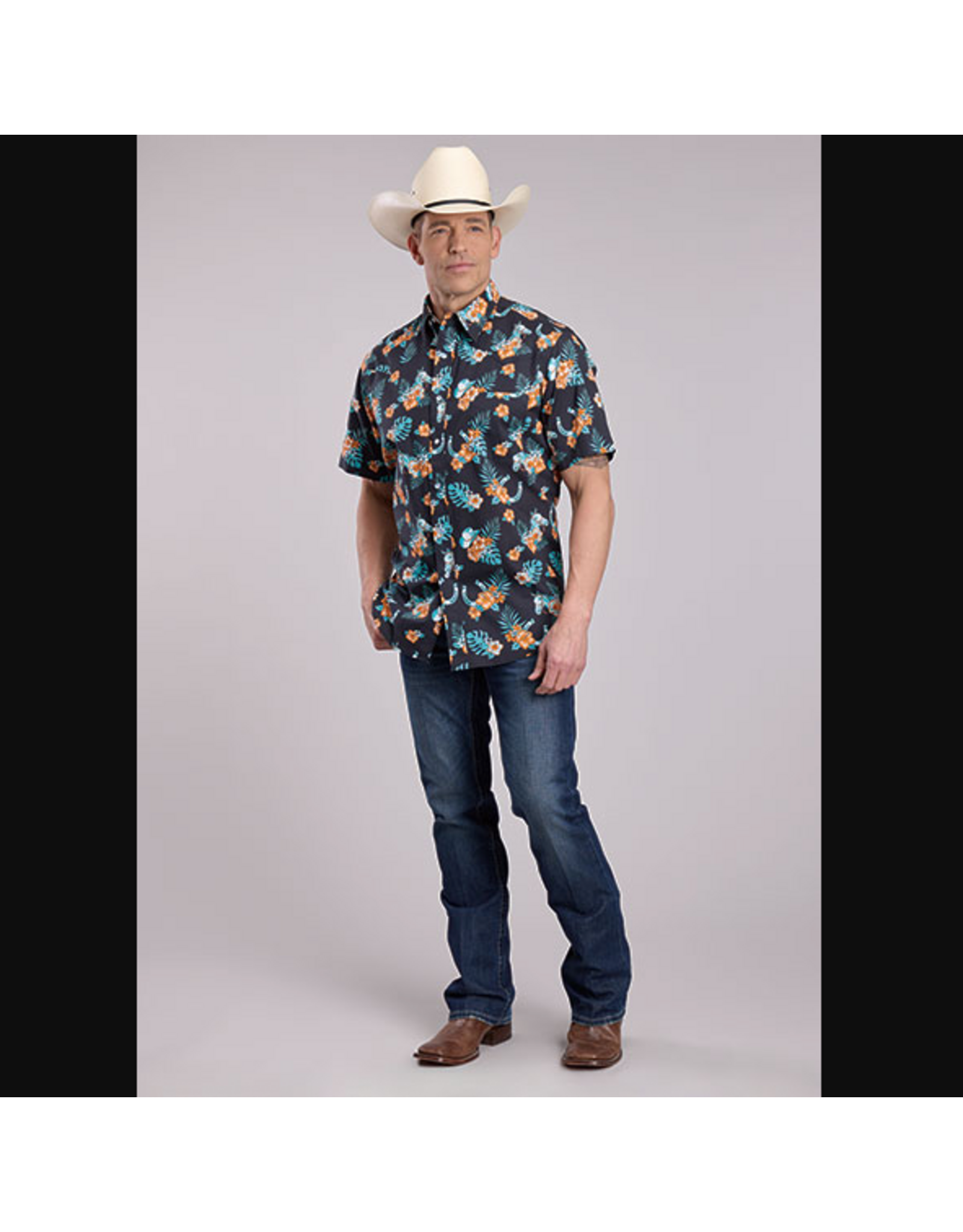 SHIRT MNS ROPER SS HAWAIIAN PRINT BLACK