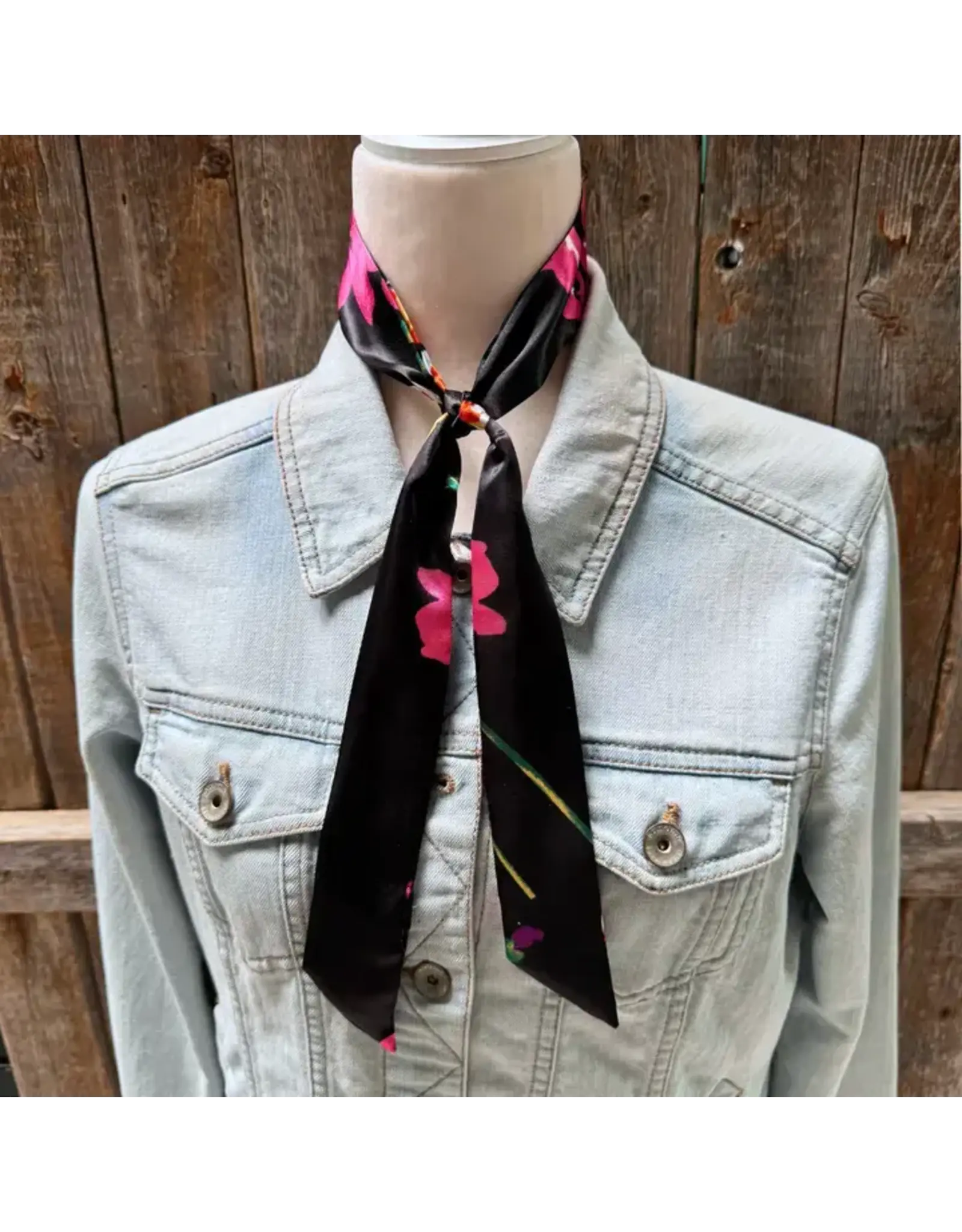 TWILLY SKINNY NECK TIE BLACK WITH PINK,ORANGE, PURPLE FLOWERS