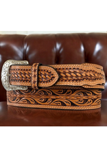 CIRCLE SH BELT TAPERED 1" 3/4 TO 1"1/2 FLORAL BODY W/ LACED LEATHER BASKET WEAVE BILLETS