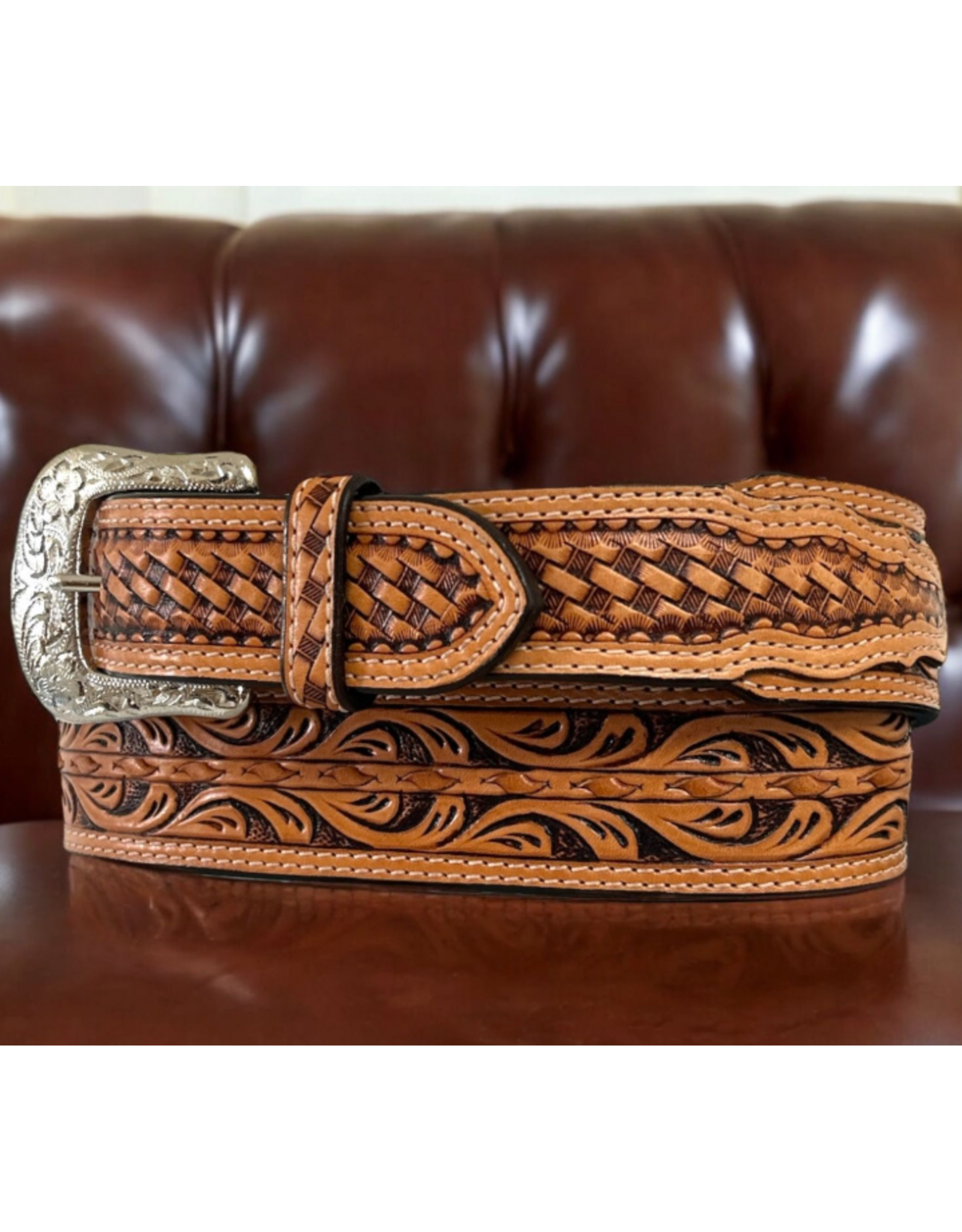 CIRCLE SH BELT TAPERED 1" 3/4 TO 1"1/2 FLORAL BODY W/ LACED LEATHER BASKET WEAVE BILLETS