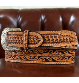 CIRCLE SH BELT TAPERED 1" 3/4 TO 1"1/2 FLORAL BODY W/ LACED LEATHER BASKET WEAVE BILLETS