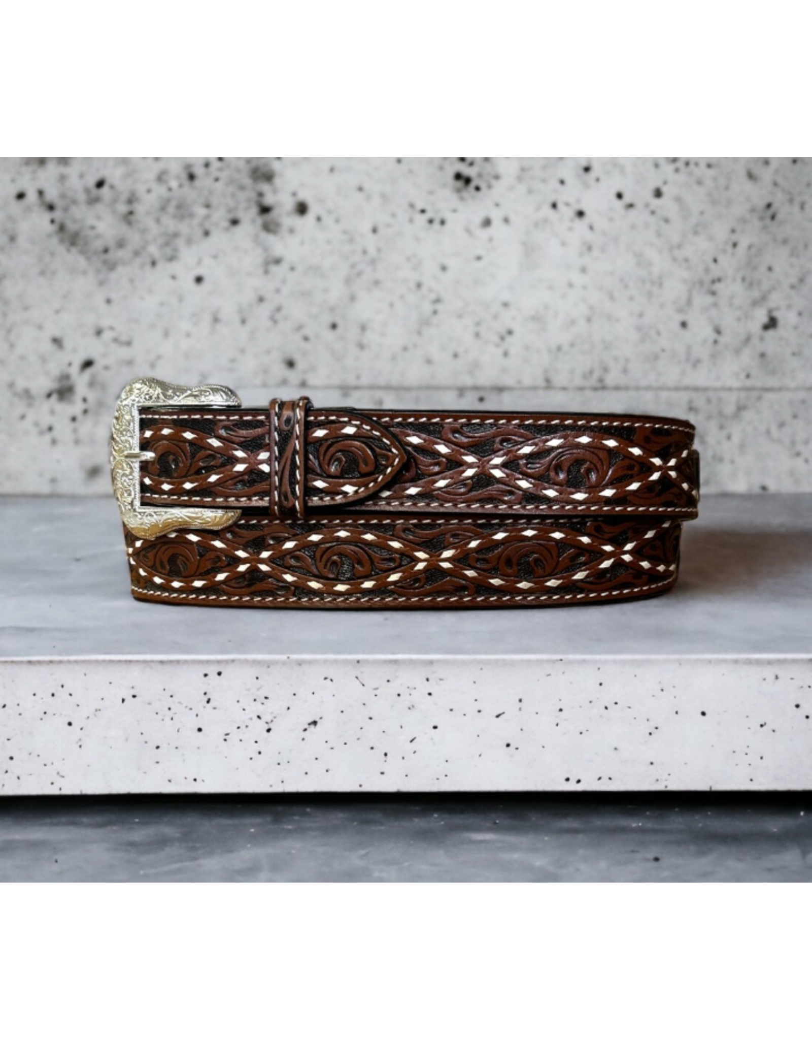 RANGER BELT CO BELT FLORAL TOOLED W/ CURVING WHITE BUCKSTITCH