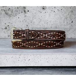 RANGER BELT CO BELT FLORAL TOOLED W/ CURVING WHITE BUCKSTITCH