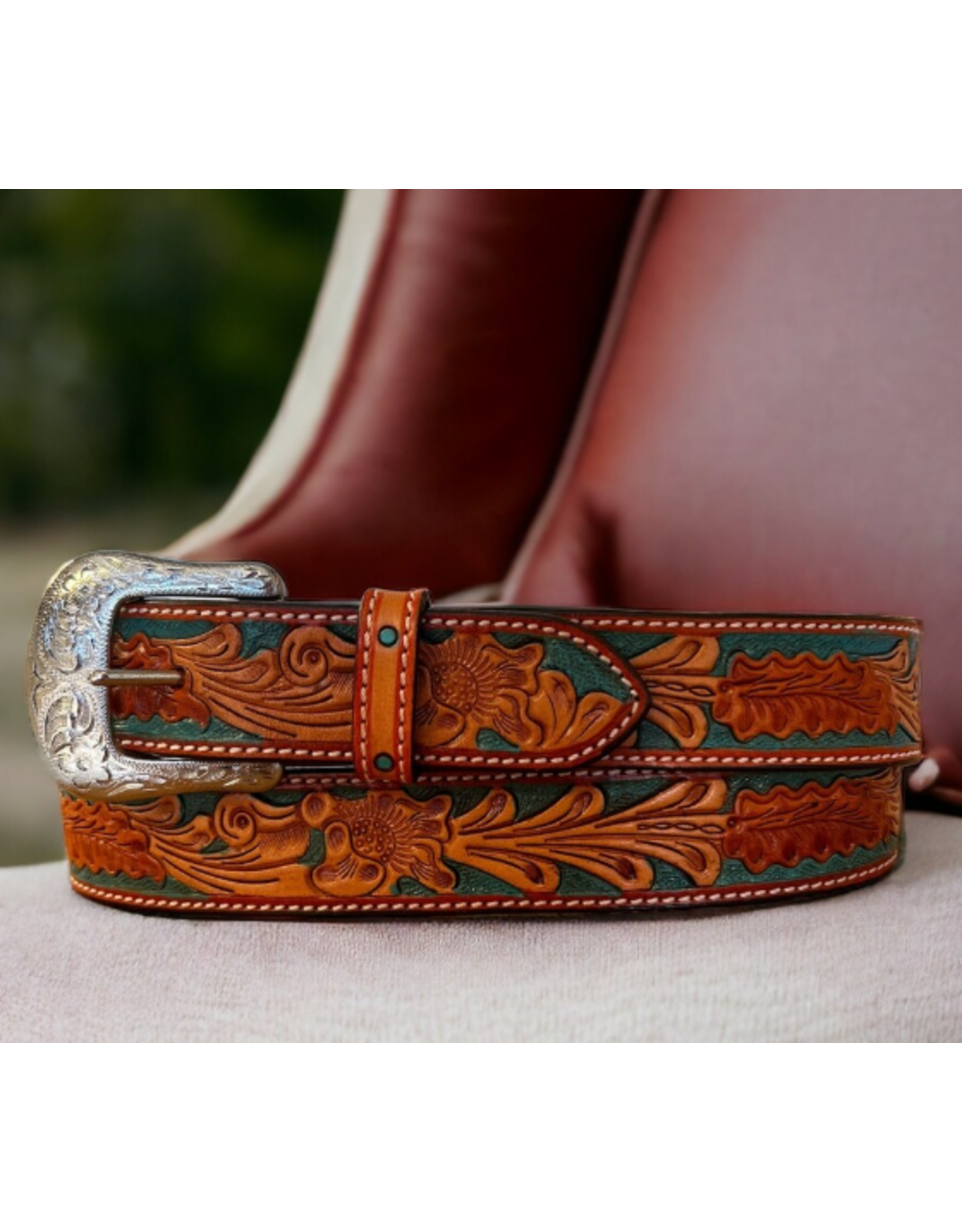 RANGER BELT CO BELT FLORAL TOOLED HANDPAINTED TURQ INLAY