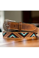 RANGER BELT CO BELT LEATHER TOOLED WITH BEADED TRIANGLES