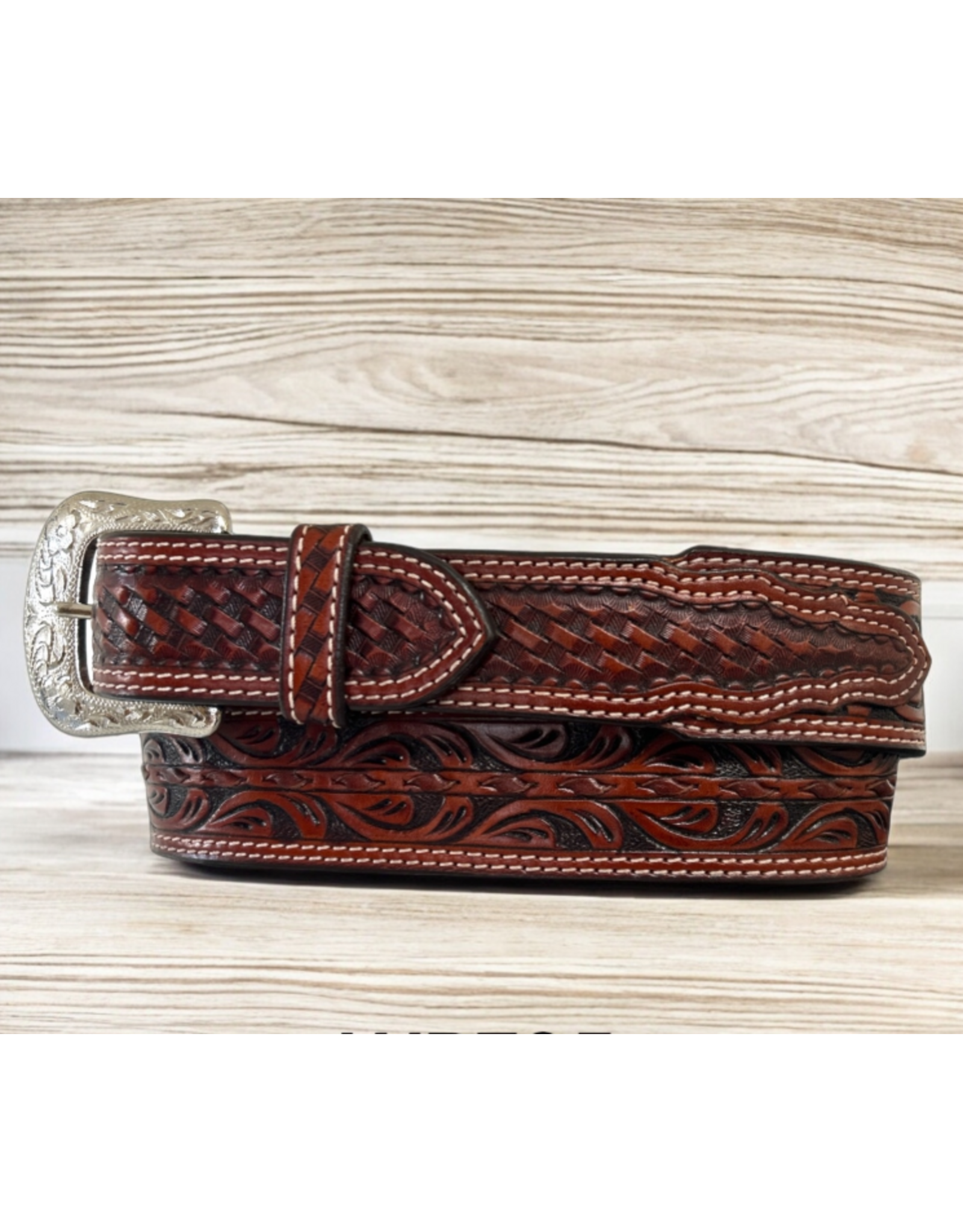 BELT MENS LEATHER TOOLED W/ BSKT WEAVE TAPERED