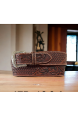 BELT MENS LEATHER TAPERED TOOLED FLORAL & BSKT