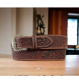 BELT MENS LEATHER TAPERED TOOLED FLORAL & BSKT