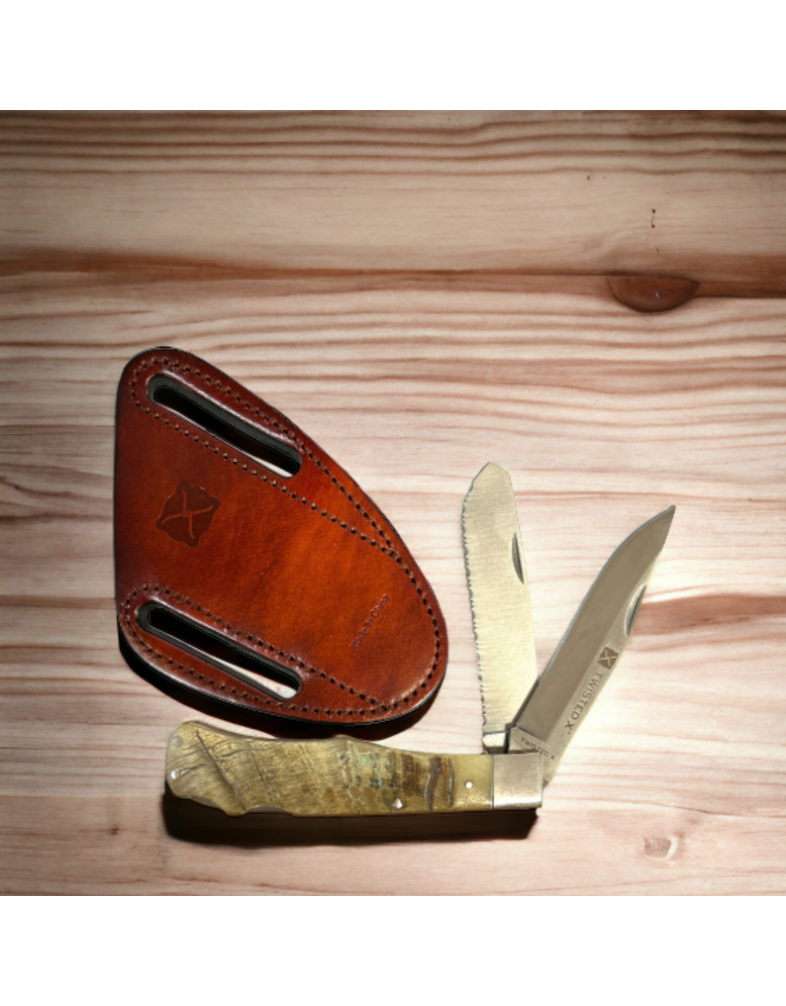 KNIFE TWISTED X RAM HORN HANDLE DOUBLE BLADE WITH SHEATH