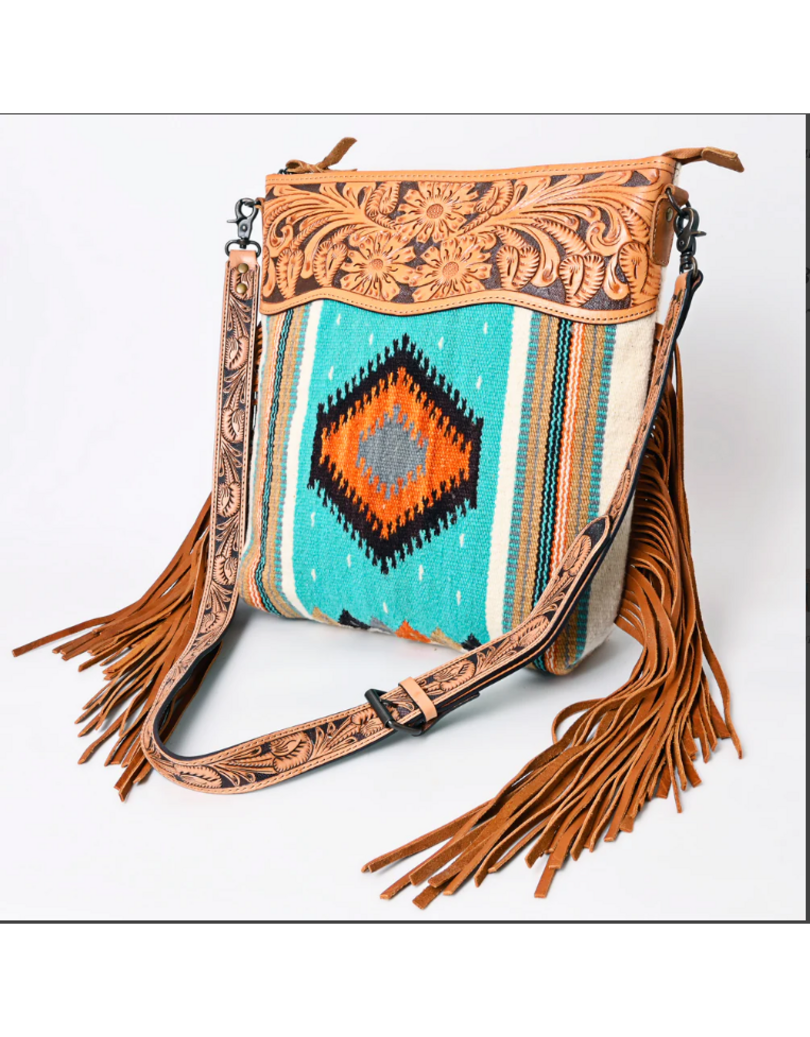 PURSE AD CROSSBODY SADDLE BLANKET TURQ & ORANGE TOOLED LEATHER