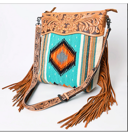 PURSE AD CROSSBODY SADDLE BLANKET TURQ & ORANGE TOOLED LEATHER