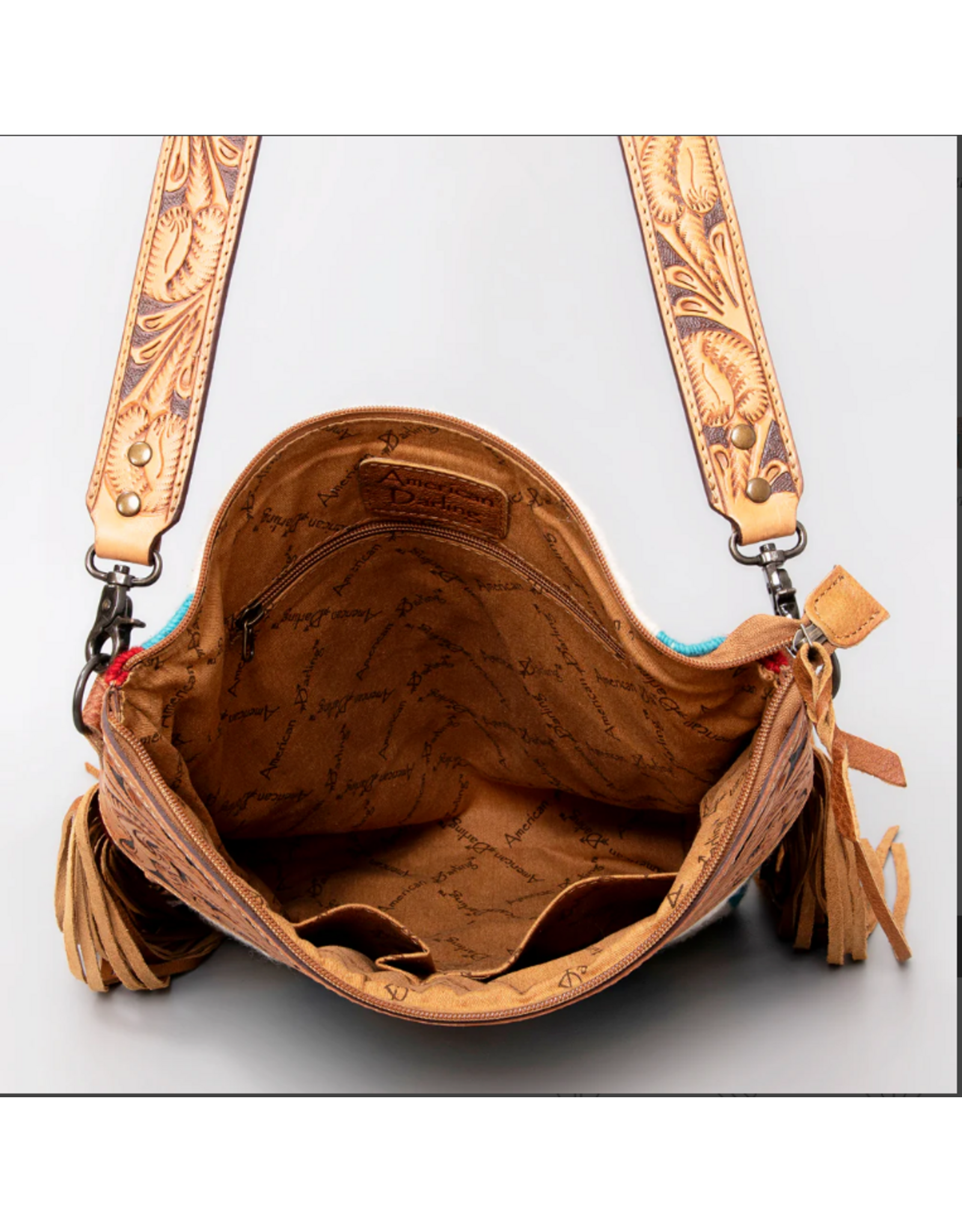 PURSE AD CROSSBODY SADDLE BLANKET TURQ & ORANGE TOOLED LEATHER