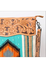PURSE AD CROSSBODY SADDLE BLANKET TURQ & ORANGE TOOLED LEATHER