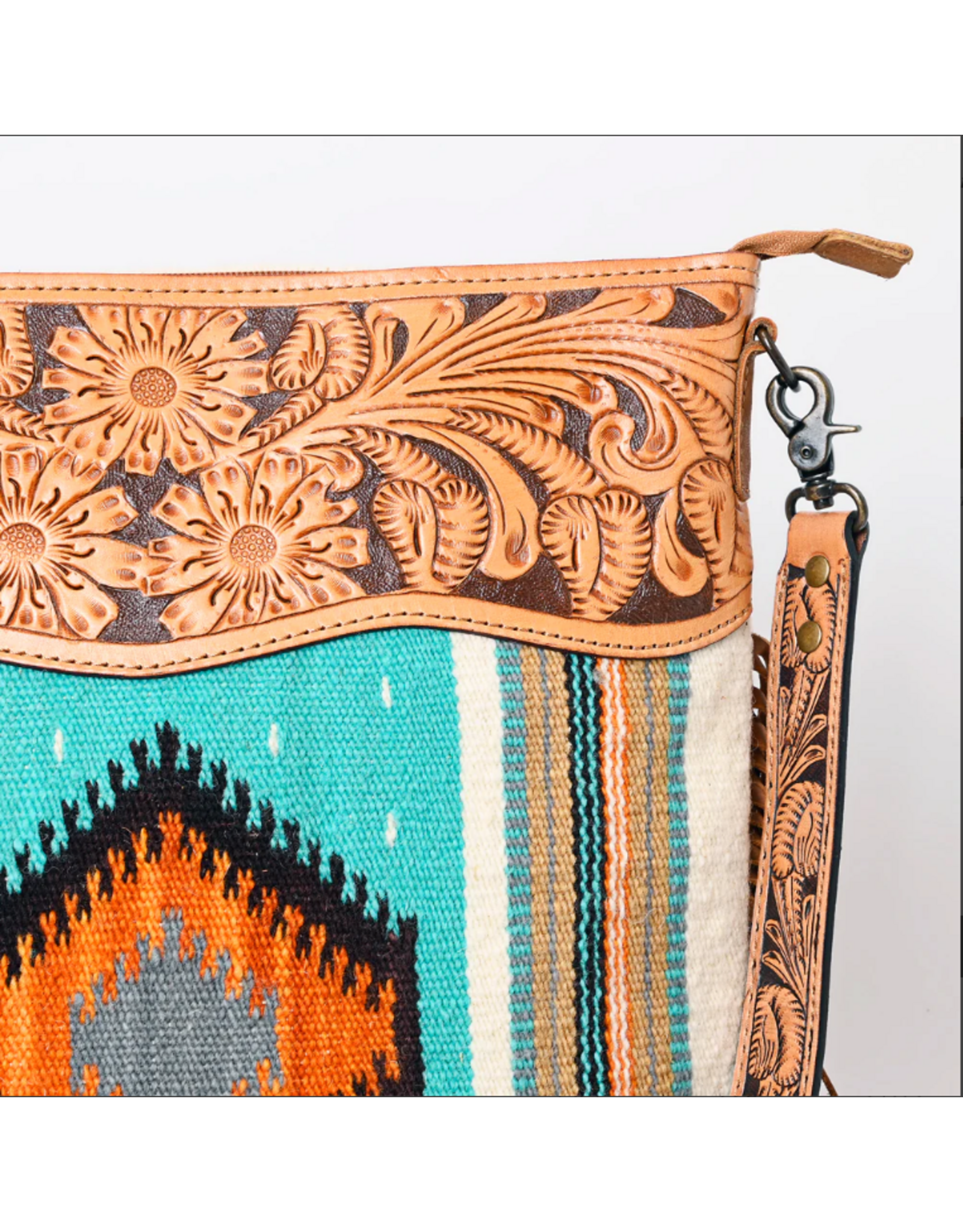 PURSE AD CROSSBODY SADDLE BLANKET TURQ & ORANGE TOOLED LEATHER