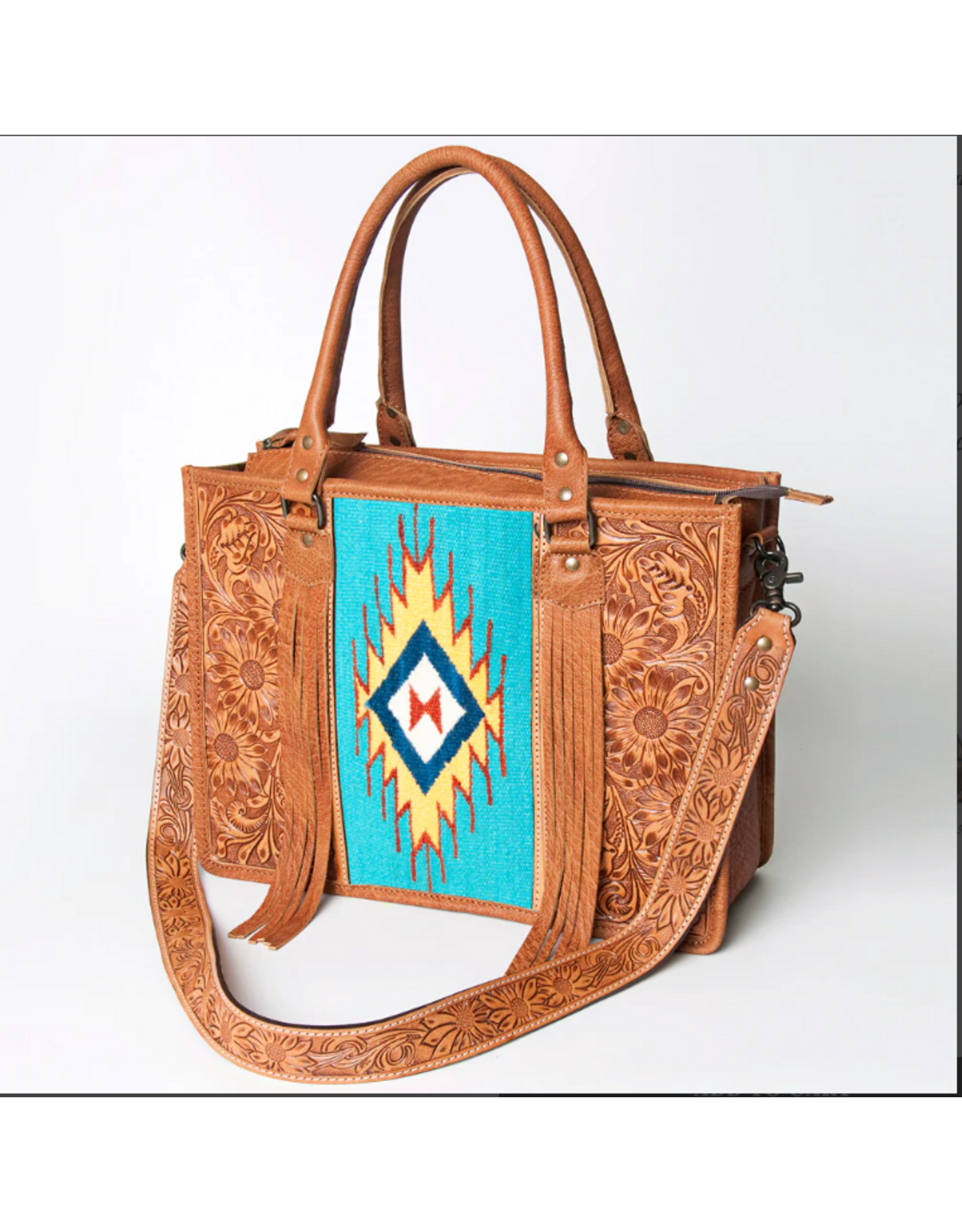 PURSE AD TOTE TOOLED LEATHER WITH SADDLE BLANKET TURQ
