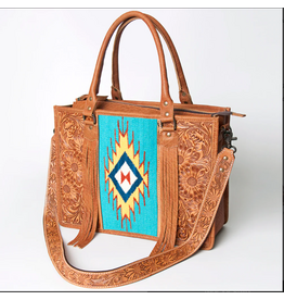 PURSE AD TOTE TOOLED LEATHER WITH SADDLE BLANKET TURQ