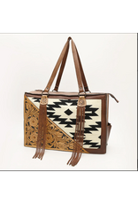 PURSE AD TOTE BLACK WHITE SADDLE BLANKET AND TOOLED LEATHER