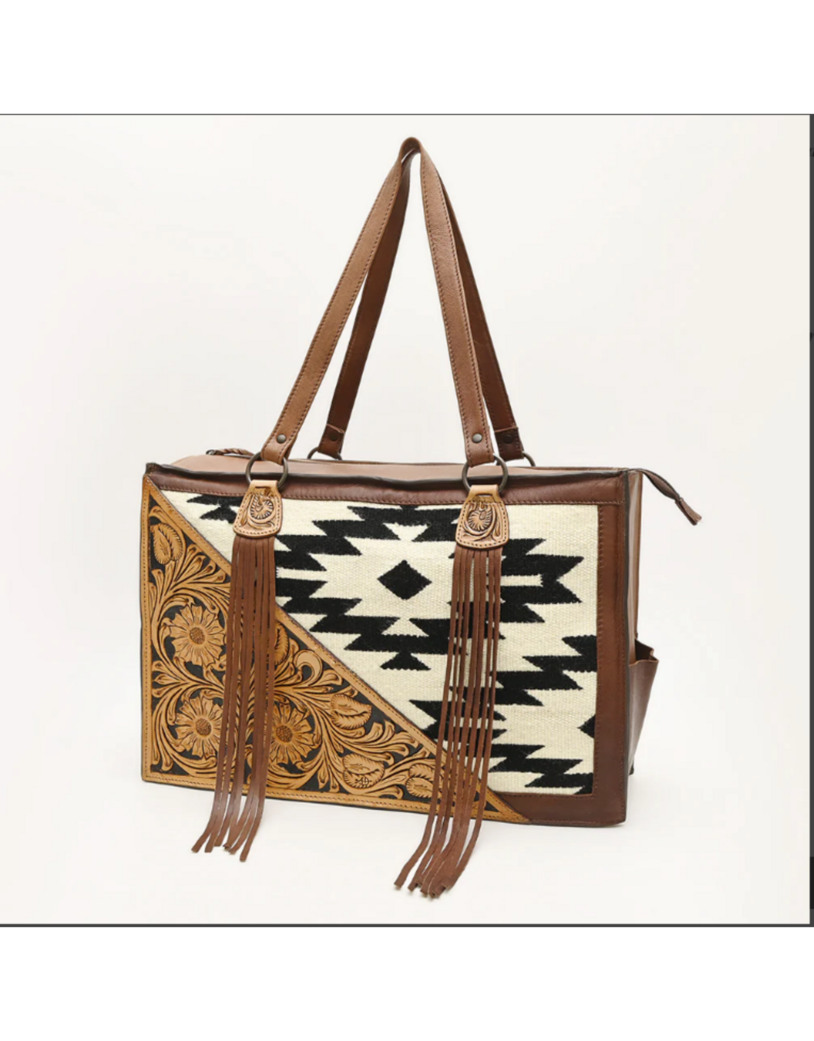 PURSE AD TOTE BLACK WHITE SADDLE BLANKET AND TOOLED LEATHER