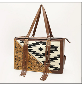 PURSE AD TOTE BLACK WHITE SADDLE BLANKET AND TOOLED LEATHER