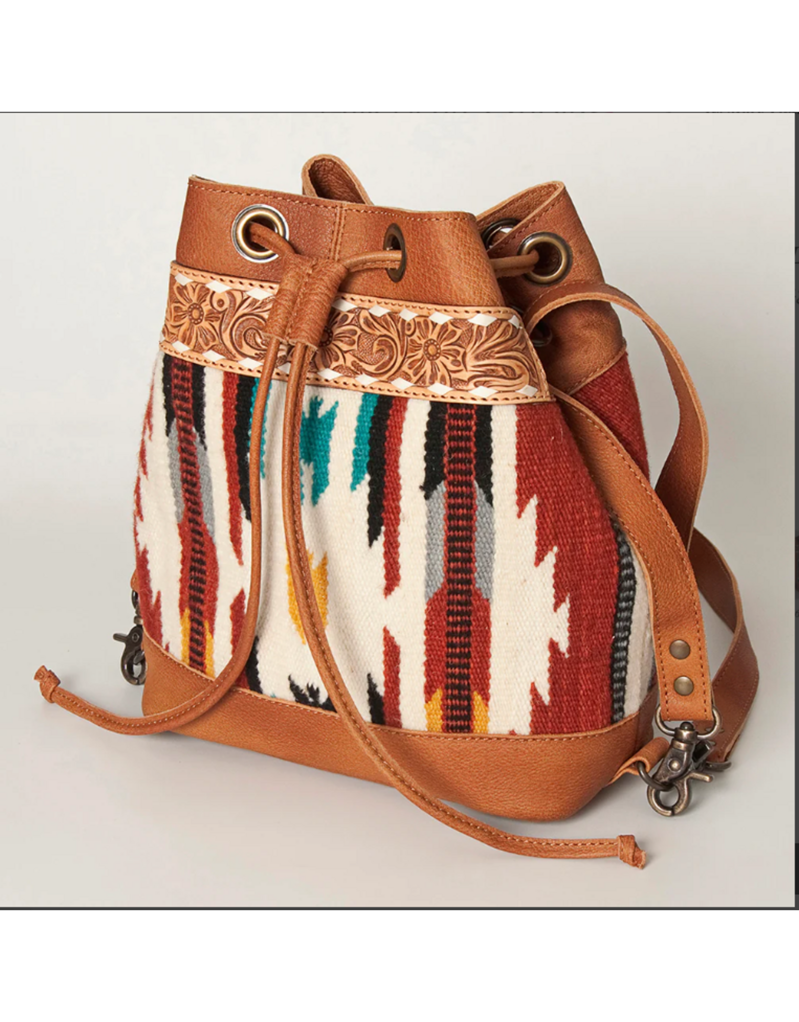 PURSE AD TOOLED LEATHER BUCKET WITH WOOL BLANKET WEAVE