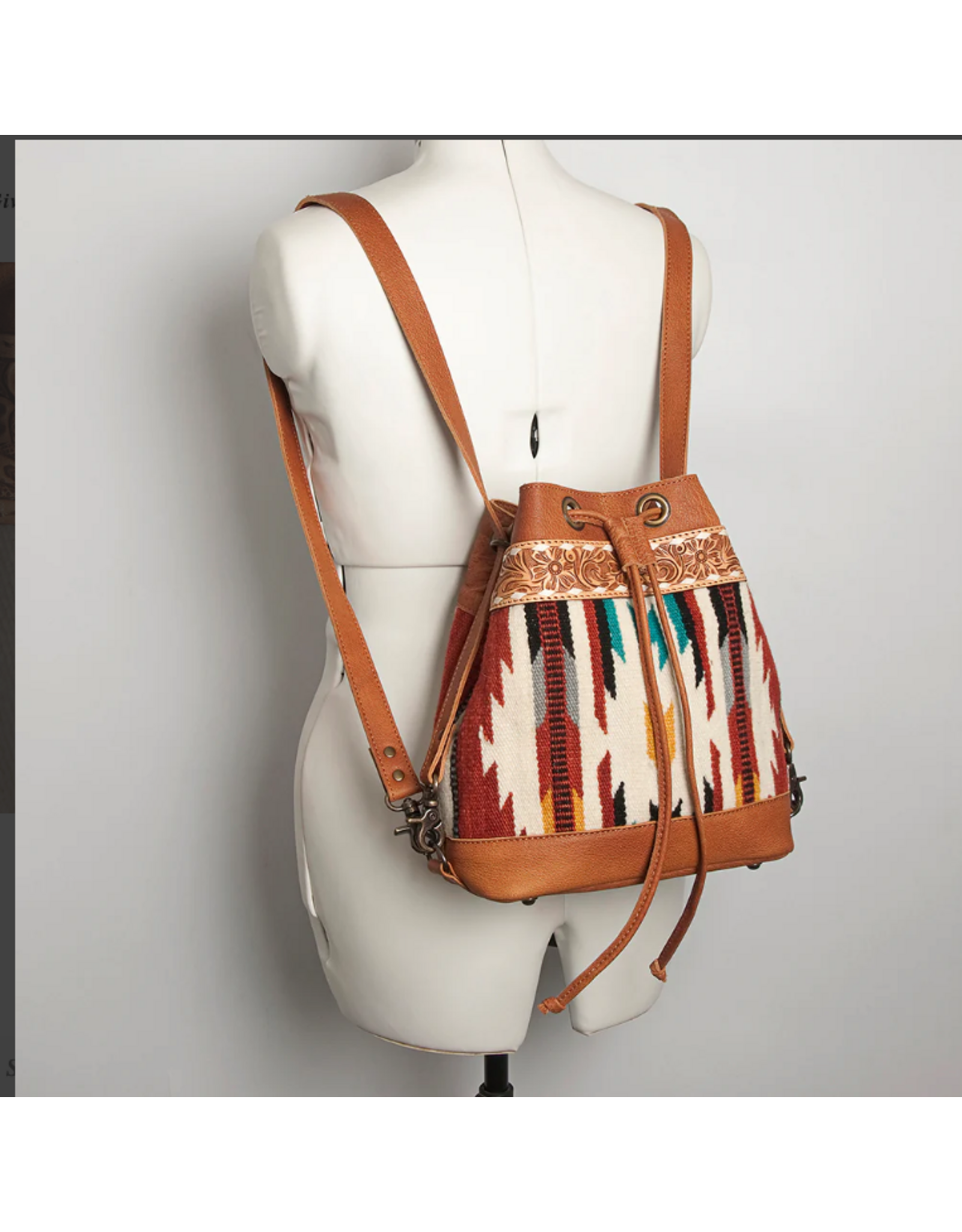 PURSE AD TOOLED LEATHER BUCKET WITH WOOL BLANKET WEAVE