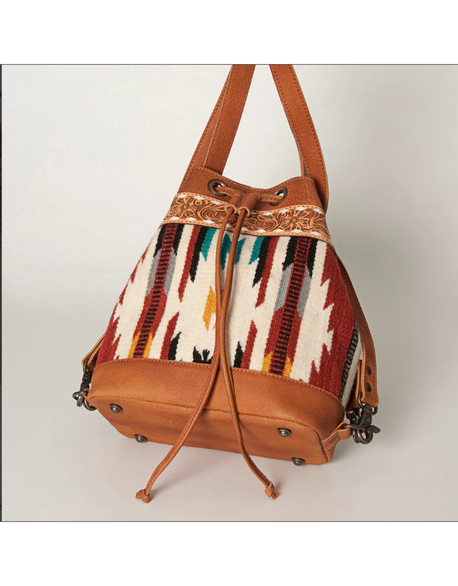 PURSE AD TOOLED LEATHER BUCKET WITH WOOL BLANKET WEAVE