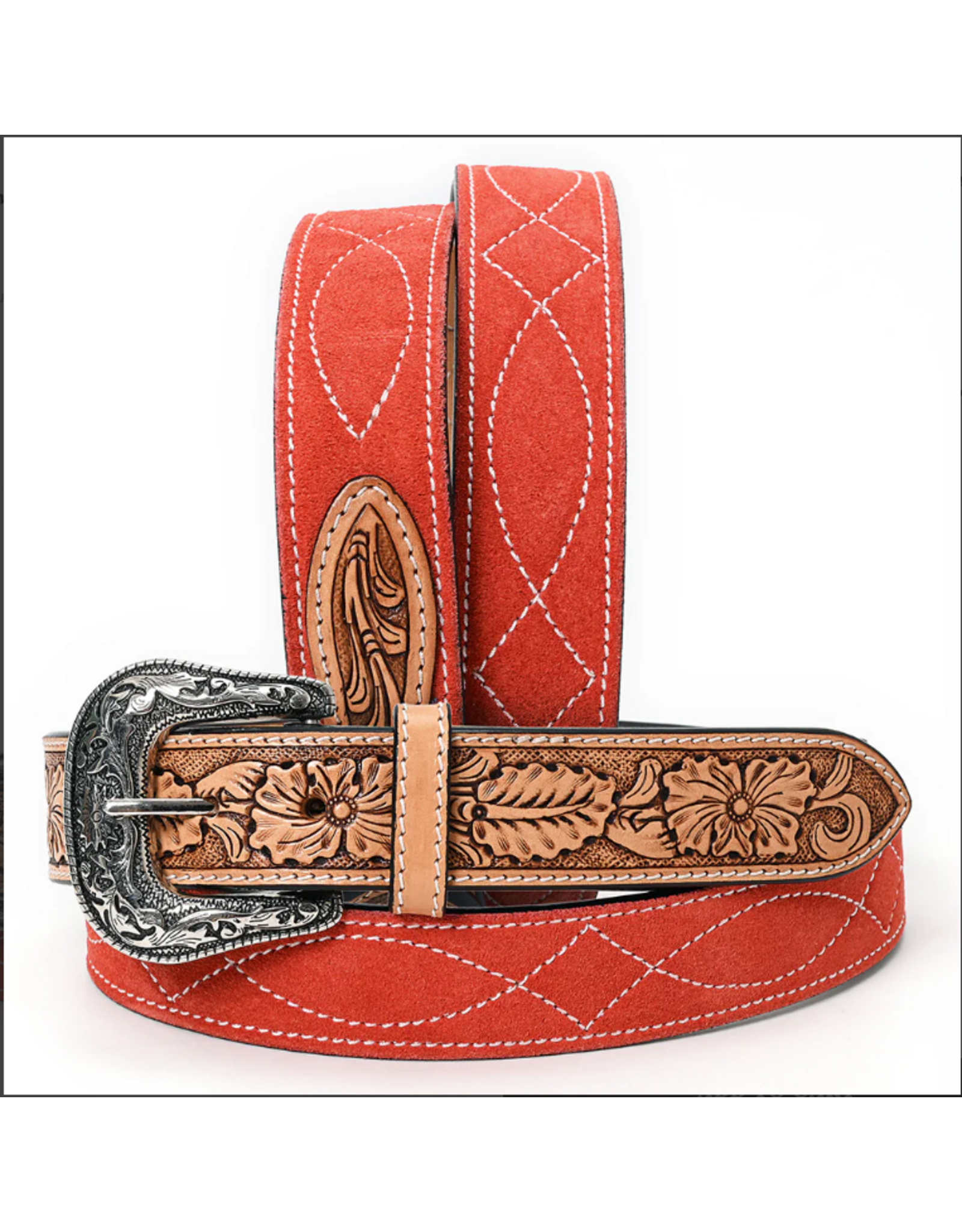 BELT AD RED SUEDE, TOOLED LEATHER
