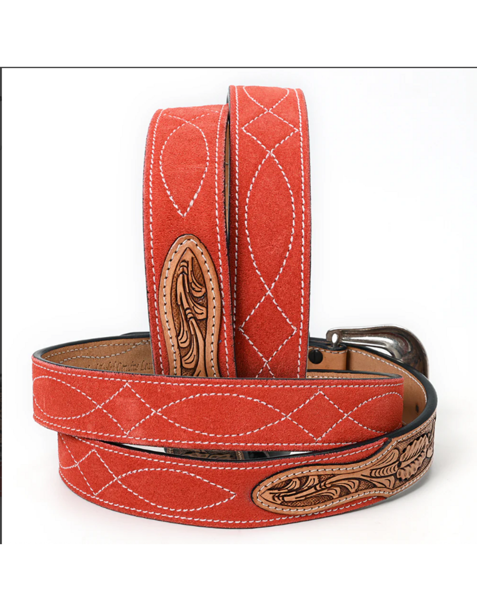 BELT AD RED SUEDE, TOOLED LEATHER