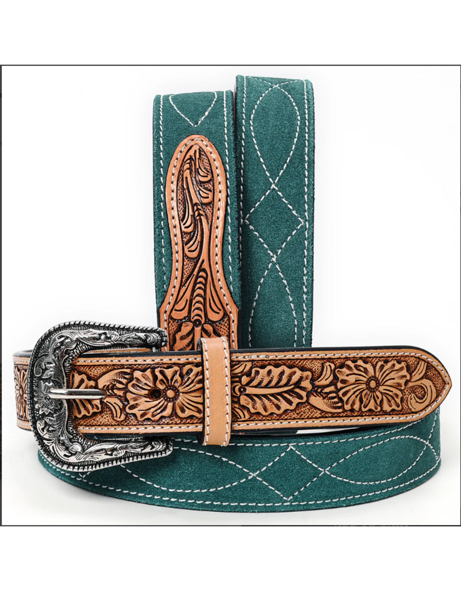 BELT AD GREEN SUEDE, TOOLED LEATHER
